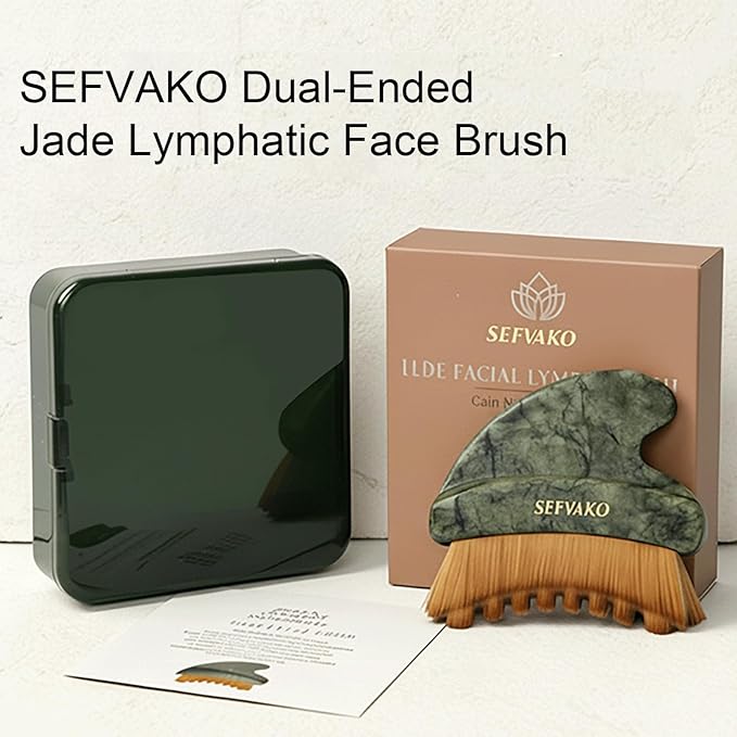 SEFVAKO Lymphatic Contour Face Brush, Dual-Ended Dry Brush + Cool-Touch Jade Gua Sha Edge, 0.075mm Ultra-Soft Bristles Gua Sha Facial Tools, for Lymphatic Drainage, Less Puffy Look, Sculpt & Relax