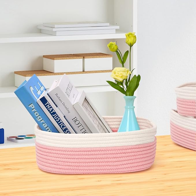 HLWDFLZ 7 Piece Cotton Rope Woven Basket Set - Small Basket for Baby Nursery, Pets, Montessori, Dog & Cat Toy Boxes, Bathroom Organization Bins (White/Pink)