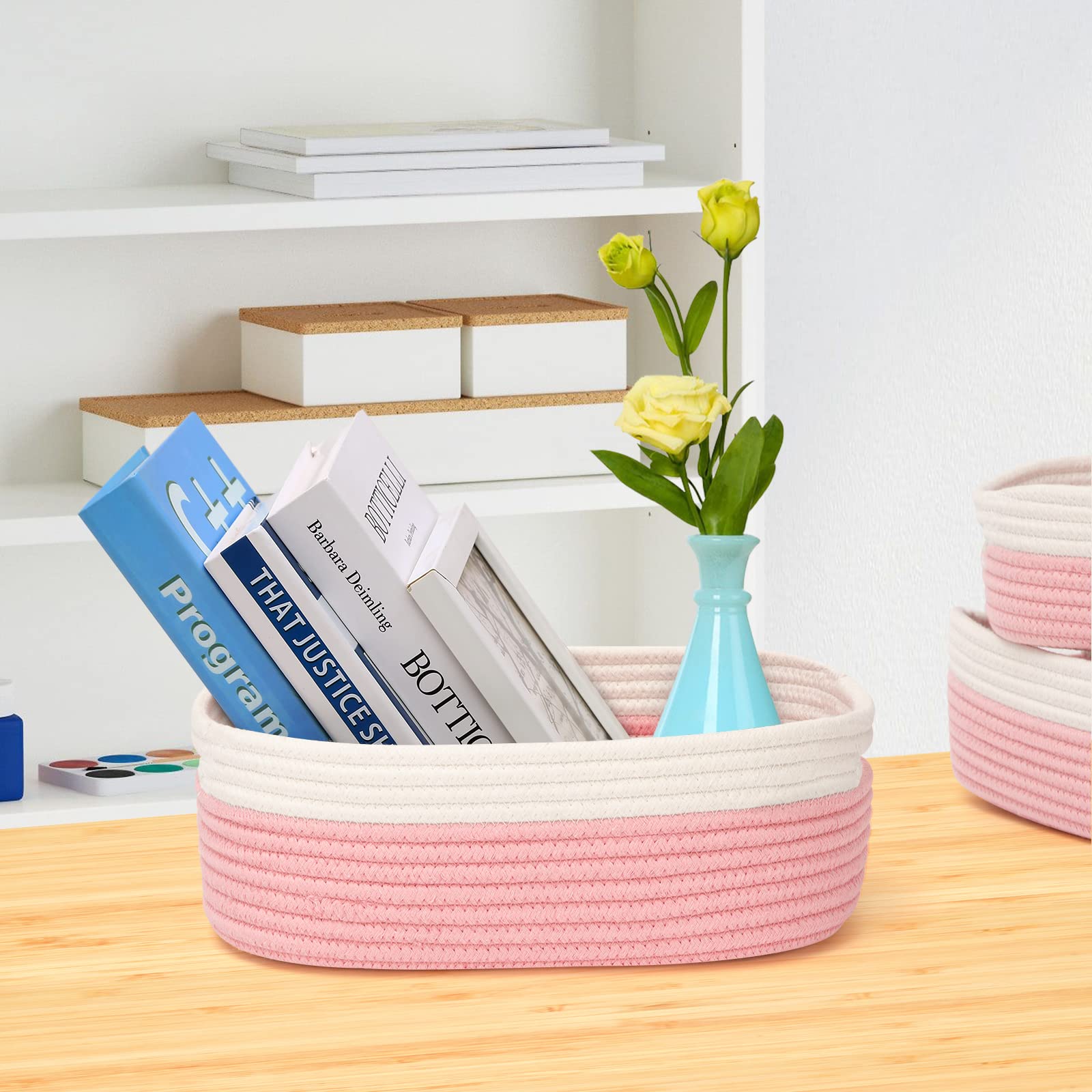 HLWDFLZ 7 Piece Cotton Rope Woven Basket Set - Small Basket for Baby Nursery, Pets, Montessori, Dog & Cat Toy Boxes, Bathroom Organization Bins (White/Pink)
