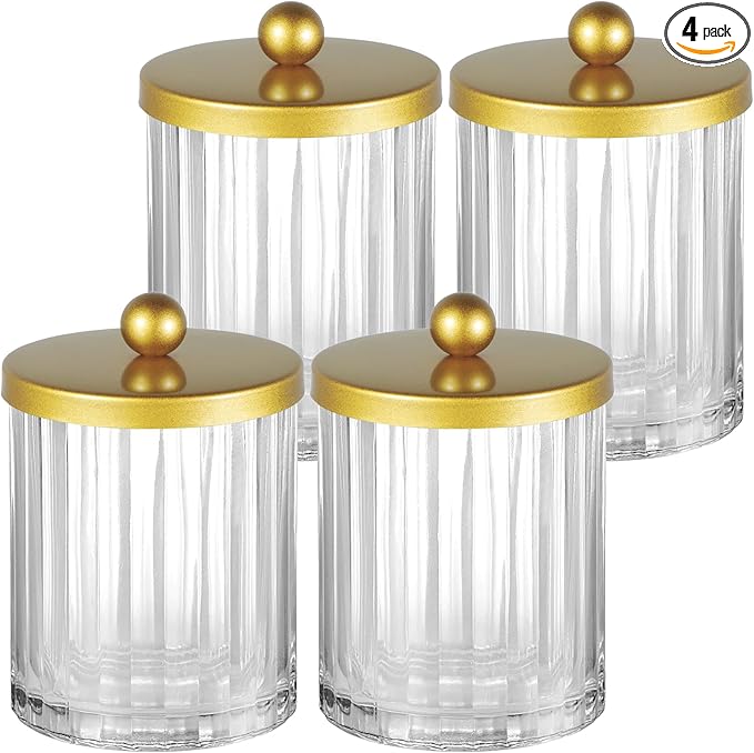 Amolliar Qtip Holder Dispenser for Bathroom, Clear Glass Canister Apothecary Jar for Cotton Swabs, Cotton Balls, Makeup Pads, Floss Picks, Container for Countertop Vanity Storage Organizer,Gold 4 Pack