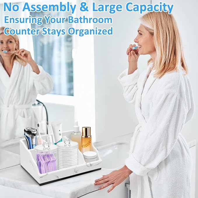 Bathroom Counter Organizer, White Marble Toothbrush Holders for Bathrooms with 2PCS Qtip Holder, Bathroom Countertop Organizer Toothbrush and Toothpaste Holder for Makeup Organizer for Vanity