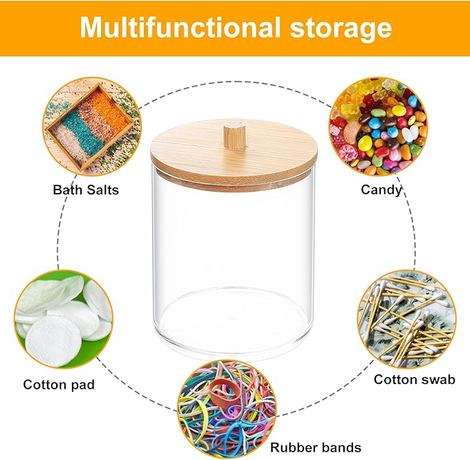 Fulushouxi 2 Pcs Qtip Holder, Cotton Pads Balls Dispenser Holders, Clear Cotton Swab Makeup Canister, Apothecary Jar Holder Organizer with Bamboo Lid for Bathroom Tabletop Vanity Makeup Storage Box