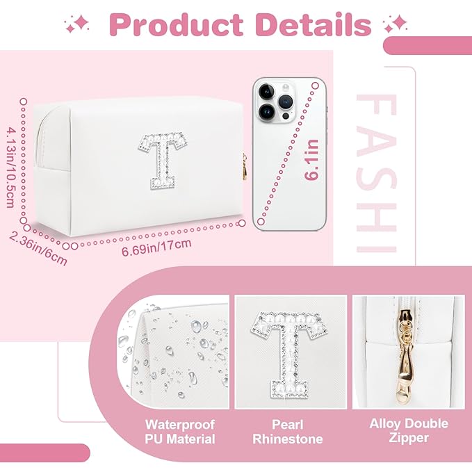 Bride Gifts – Personalized Initial Makeup Bag with Pearl Rhinestone Patch, Preppy White Monogram Cosmetic/Toiletry Pouch, bridesmaid Gifts, Bridal Shower Gifts, Wedding Gifts, Bridal Gifts,T