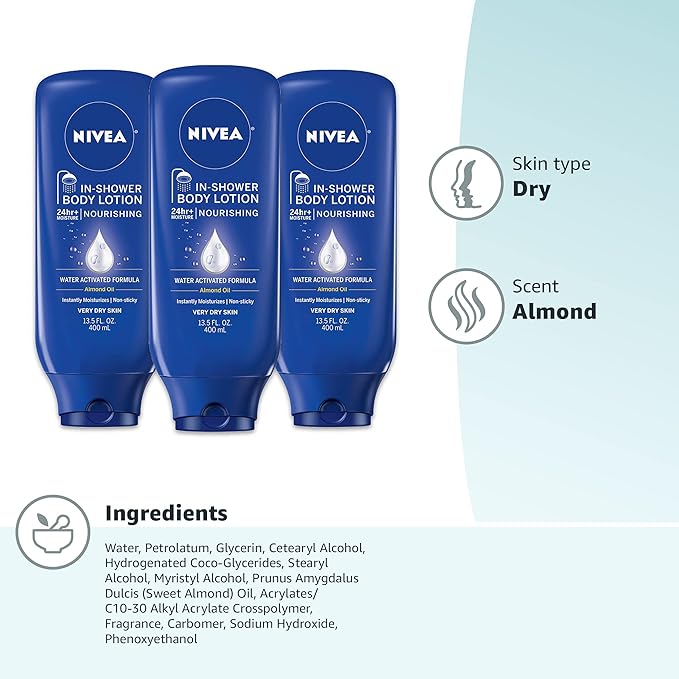 NIVEA Nourishing In Shower Lotion, Water Activated In Shower Moisturizer for Dry to Very Dry Skin, 13.5 FL OZ, Pack of 3