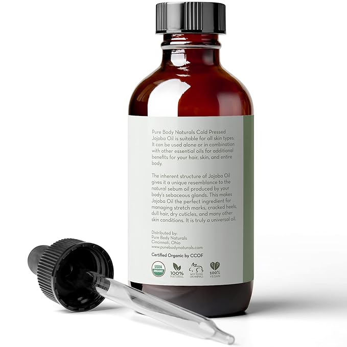 Pure Body Naturals Organic Jojoba Oil, 4 Fl Oz - 100% Pure, Organic, USA-Sourced, Cold Pressed Jojoba Oil for Skin, Face, Nails and Hair - Carrier Oil for Mixing Essential Oils