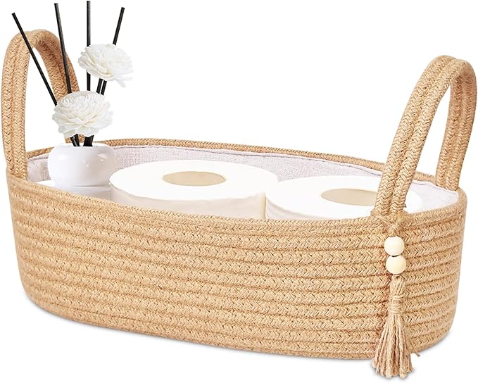 ABenkle Small Storage Basket, Jute Rope Woven Toilet Paper Tray Organizer for Toilet Tank Top, Boho Bathroom Decor Holder for Shelf Bedroom Living Room -13x6x4 Inches