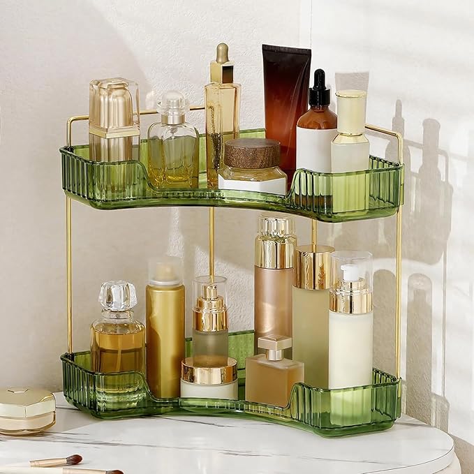 INVSSENE Corner Bathroom Countertop Organizer, Vanity Organizer Trays for Counter, Makeup Organizers, Perfume Tray, Skincare Shelf Storage Gifts for Women Girl Student (Blue, 3 Tiers)
