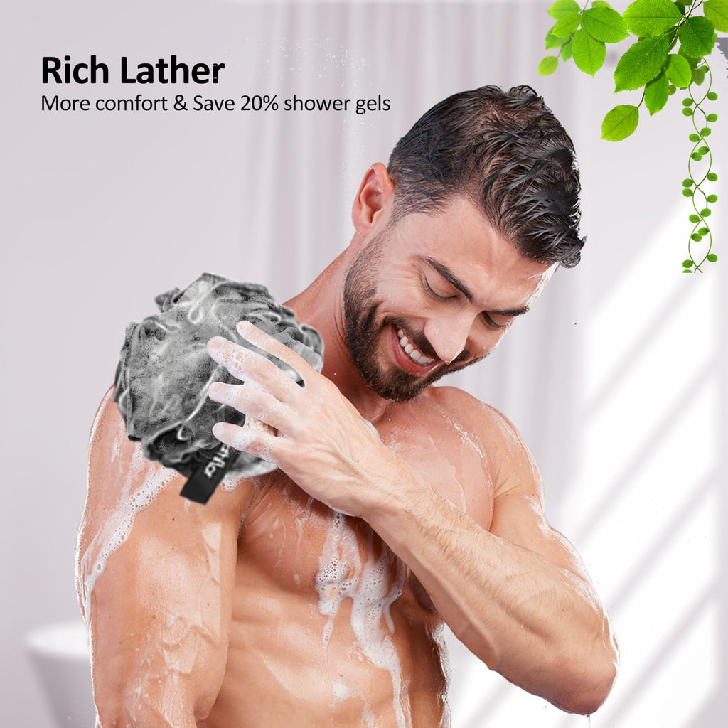 Bathflor Loofah Sponge Exfoliating Body Scrubber: 4PCS Extra Large 80g Shower Loofahs Poufs, 1PCS Long Handle Loofa Back Scrubber, 1PCS Luffa Hook, Charcoal Loofah Pack for Women Men Bath Wash, Black