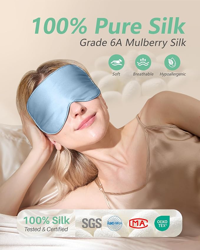 BeeVines 100% Real Mulberry Silk 2 Pack Sleep Mask, Pure Silk Eye Masks with Adjustable Strap for Sleeping, Block Light Eye Shade Cover, Reduces Puffy Eyes Traveling Gifts(Black & Pastel Blue)