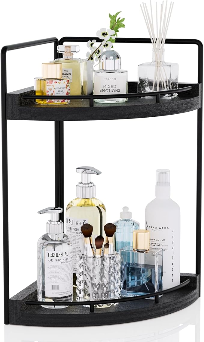 CeleVista Corner Bathroom Counter Organizer, 2 Tier Wood Vanity Storage, Waterproof Skincare Shelf for Kitchen & Toiletries Decor, Dresser (Black-2 Tier)
