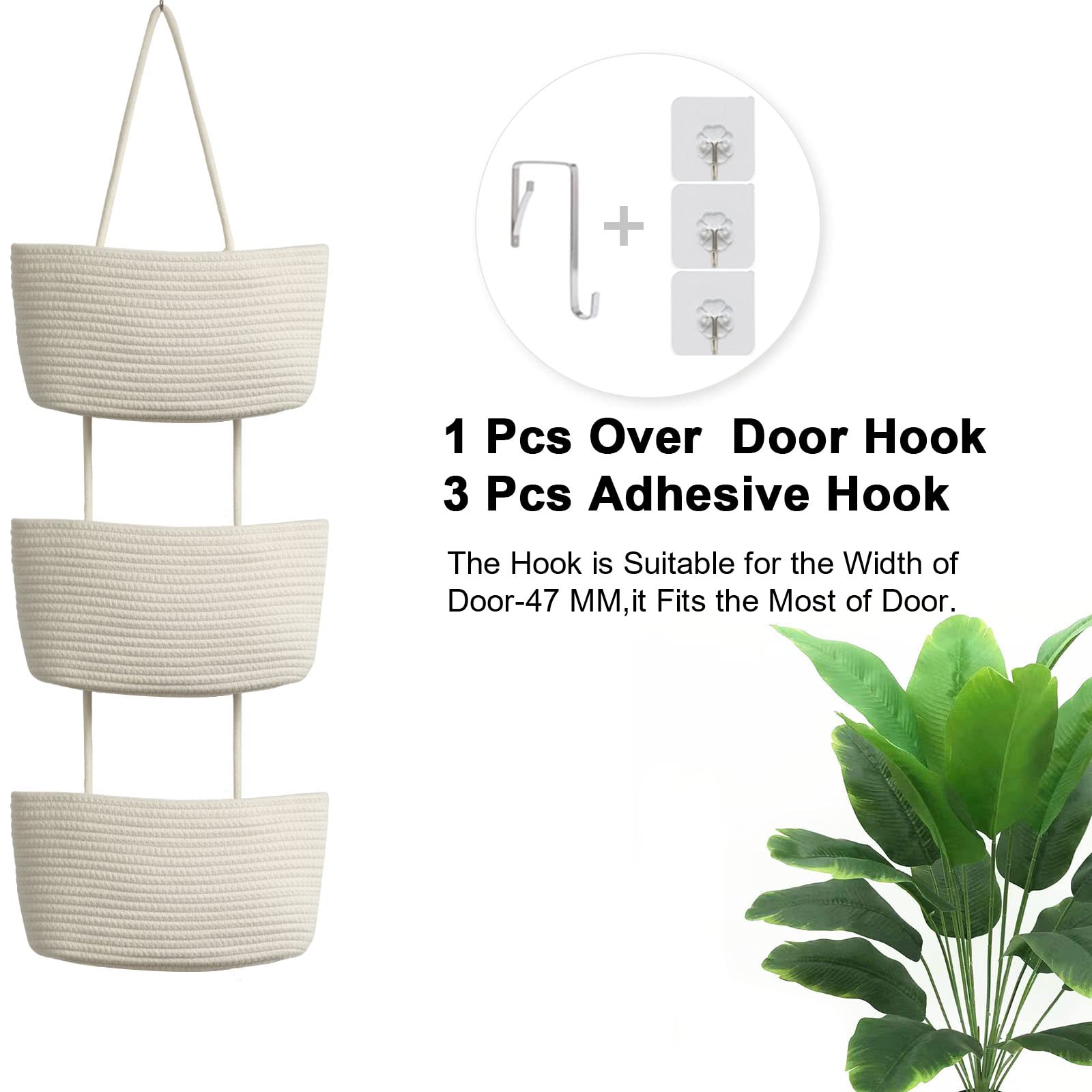 TeoKJ Over the Door Hanging Basket, 3-Tier Woven Cotton Wall-Mounted Storage Organizer Bag Decorative Hanging Nursery Baskets, White