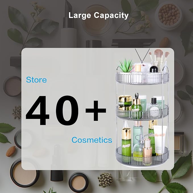 Niluks 360 Rotating Makeup Organizer, 3 Tier Large Capacity Lazy Susan Bathroom Counter Organizer, Skincare Organizers, Spinning Perfume Organizer & Vanity Organizer Countertop (Classic Grey, 3 Tier)