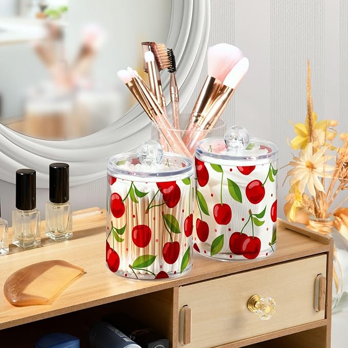 2 Pack Qtip Holder Dispenser for Cotton Ball Cherry Fruits Cotton Swab Round Pads Clear Plastic Acrylic Jar Set Bathroom Canister