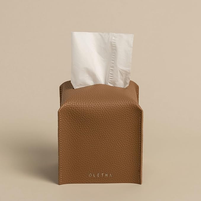 OLETHA Square Tissue Box Cover - Aesthetic Desk Decor for Room, Home & Office - Tissues Cube Boxes Holder - Pale Brown