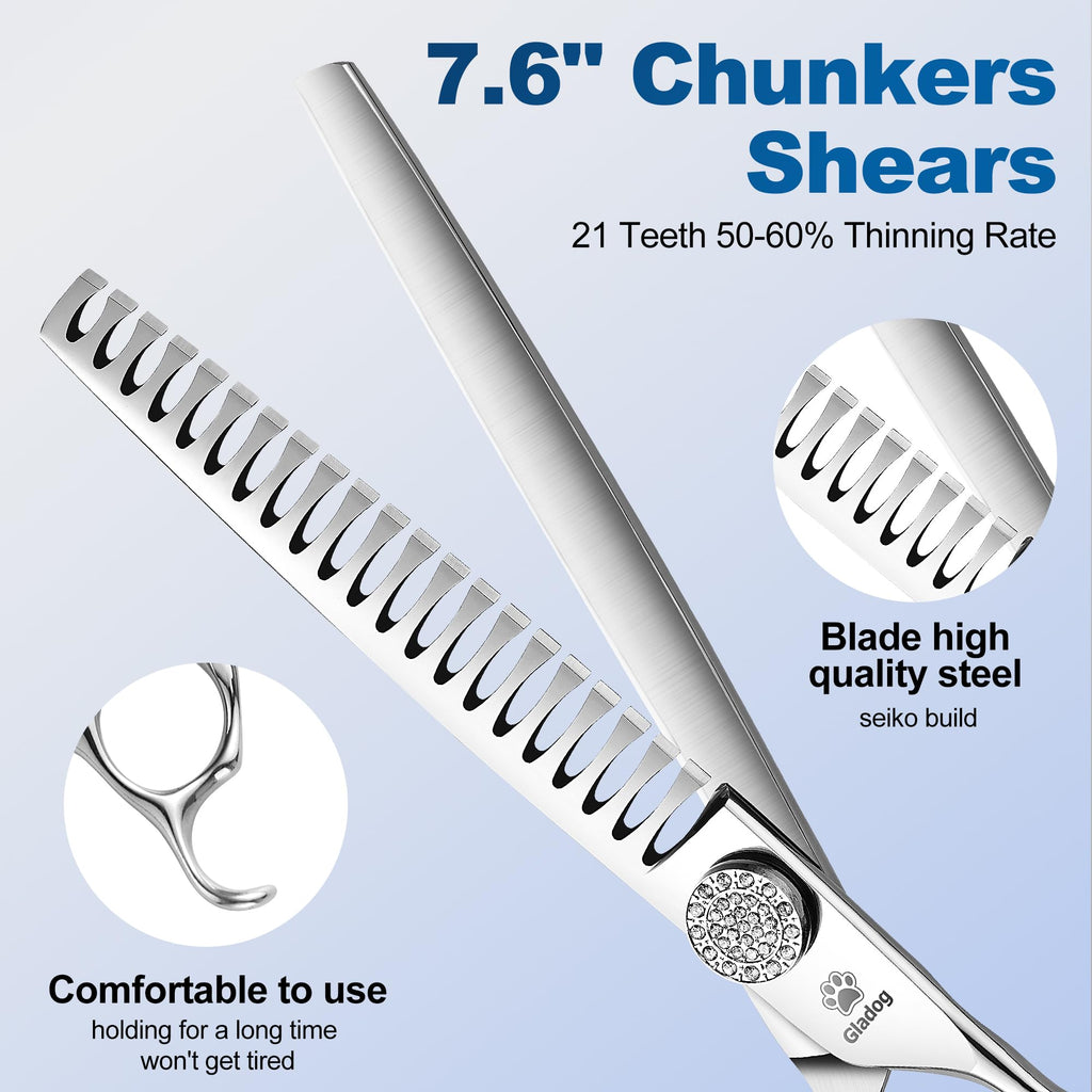 GLADOG Luxury Dog Grooming Scissors Set - 7" Straight, 6.5" Thinning, 7" Chunkers, 7" Curved - 9CR Steel, Silver Luxe, Right Hand, Plastic Handle, 4 Count