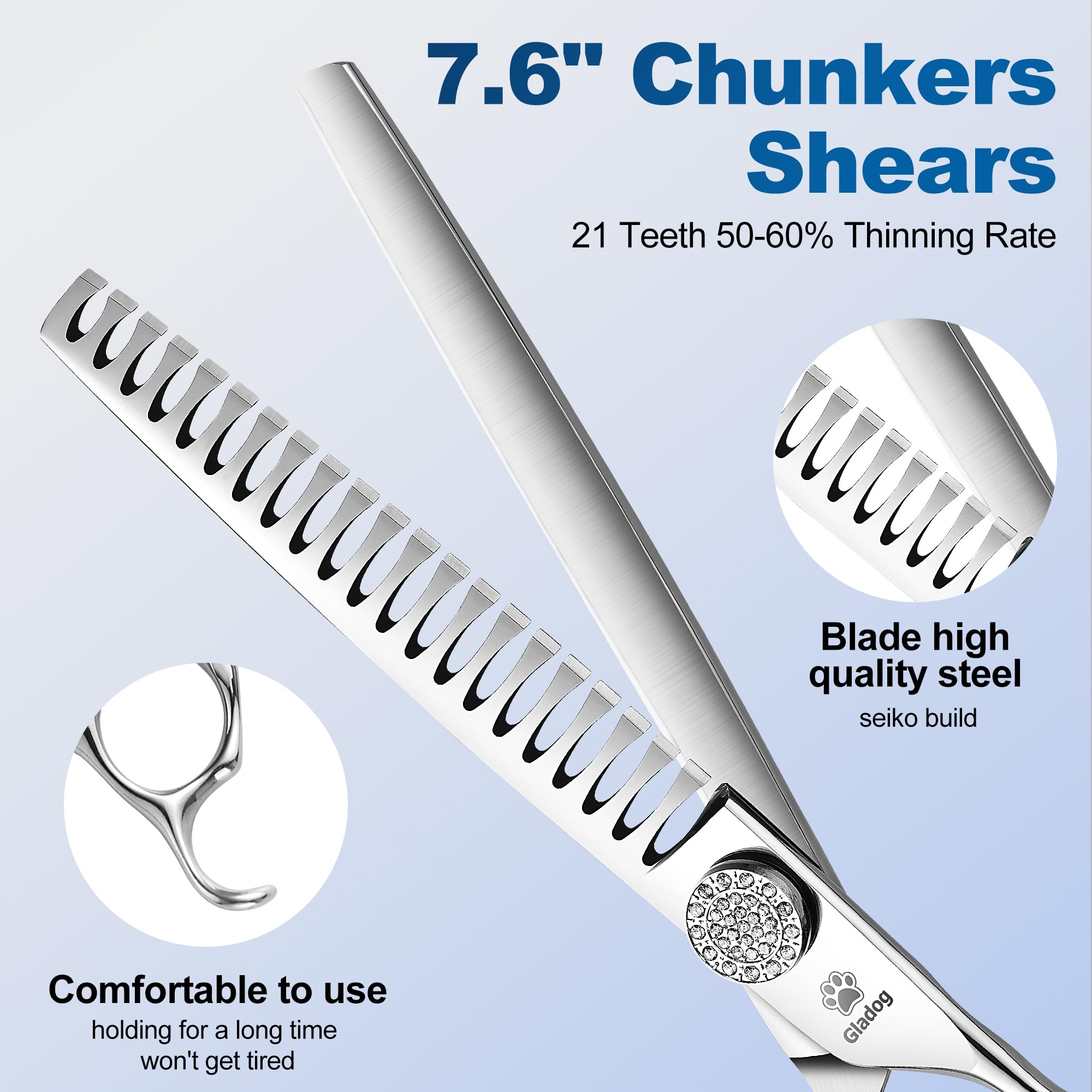 GLADOG Luxury Dog Grooming Scissors Set - 7" Straight, 6.5" Thinning, 7" Chunkers, 7" Curved - 9CR Steel, Silver Luxe, Right Hand, Plastic Handle, 4 Count