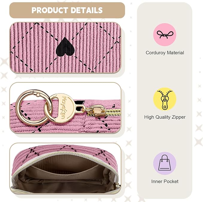 Period Bag for Teen Girls, Corduroy Hearts Sanitary Napkin Storage Bag, Cute Menstrual Pad Pouch Tampon Holder for Purse (Hearts-Beige)