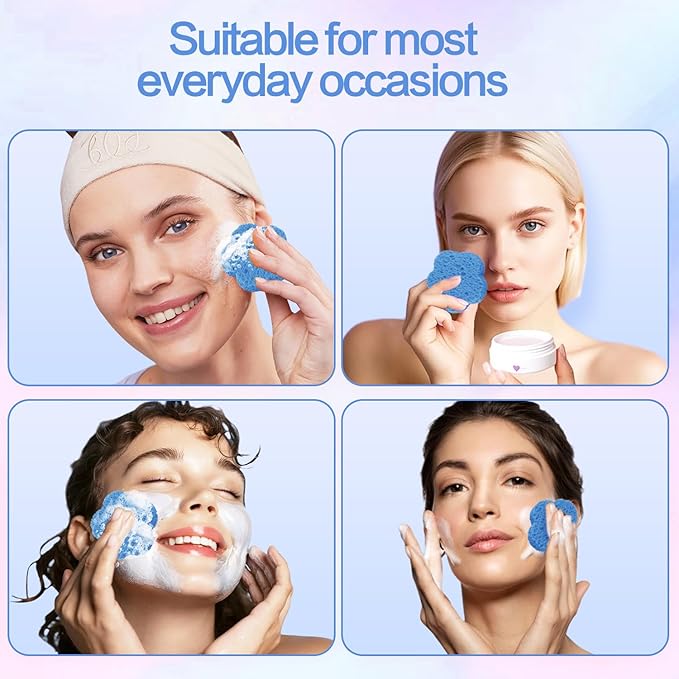 100-Count Facial Sponges Compressed Facial Sponges Natural Facial Cleansing Sponges Pads Cute Flower Shape Exfoliating Sponges for Cleansing Reusable,Best Makeup Gift, Blue