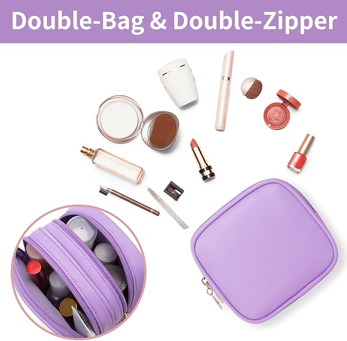 XIAOLER 2PCS Small Makeup Pouch, Double Zipper Cosmetic Bag, Travel Makeup Bag, Cute Makeup Bag for Purse, Mini Toiletry Bag (Blue+Lilac)