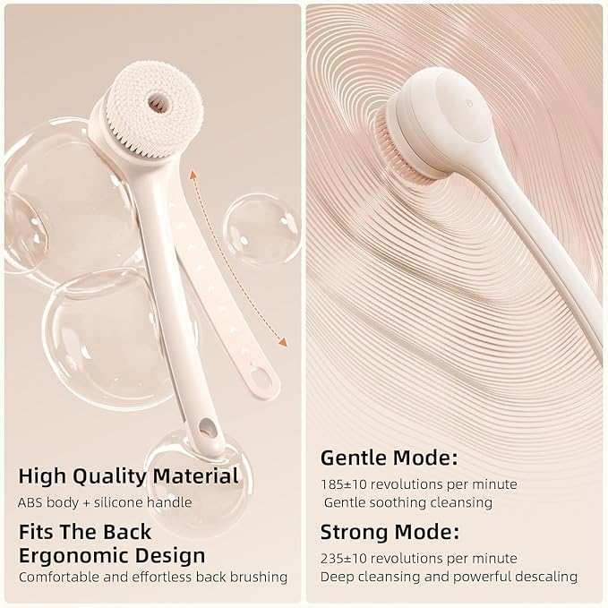 Oh,XIYU. Electric Body Brush Back Scrubber for Shower, Waterproof Long Dual Handle Body Scrubber with 3 Heads, Bath Brush & 2 Speeds, for Cleansing, Exfoliating and Massaging Skin, Chrysanth Pink
