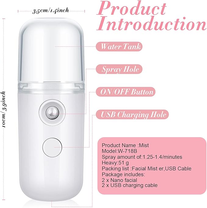 Honoson 2 Pack Nano Facial Mister Spray Bottle Handheld Humidifier Portable Face Mister for Eyelash Extensions USB Rechargeable 1 oz Mini Skin Care Machine for Daily Makeup(Black and White)