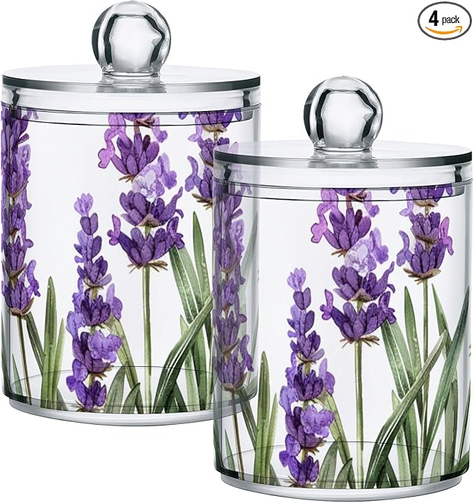 4 Pack Qtip Holder Dispenser Purple Lavender Watercolor Flower Cotton Ball Cotton Swab Round Pads Floss Clear Bathroom Storage Containers Plastic Apothecary