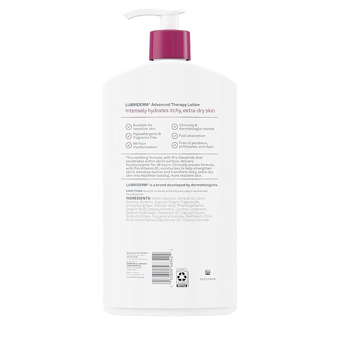 Lubriderm Advanced Therapy Body Lotion, Fragrance-Free Lotion for Extremely Dry Skin, Pro-Ceramide Hydration for Itchy, Dry, Sensitive Skin, Hand and Body Lotion, Non-Greasy, Hypoallergenic, 32 Fl Oz