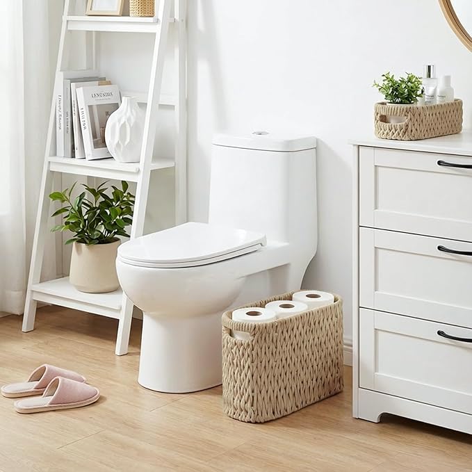 Boho Toilet Paper Storage Baskets, Cotton Rope Woven Bathroom Basket Set of 2, Standing Toilet Paper Holder for 6 Mega Rolls,Storage Bins for Toilet Tank Top, Bathroom Organizer Decor (Brown 2 Pack)