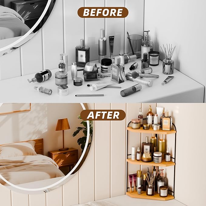 Corner Bathroom Counter Organizer, 3-Tier Wood Countertop Organizer for Perfume, Makeup Storage, Skincare Organizers for Vanity, Counter Corner Shelf for Kitchen, Bathroom, Dresser (Natural)