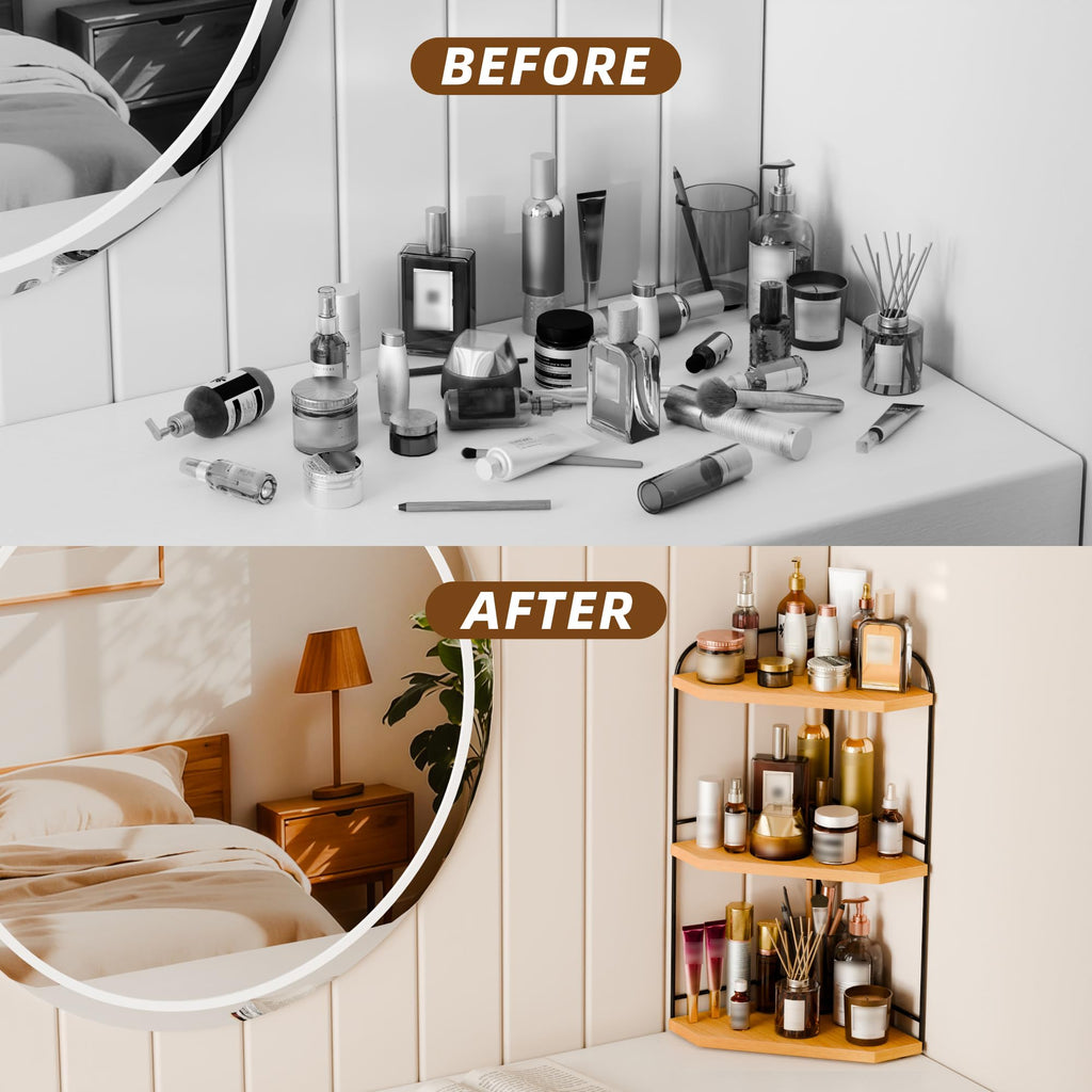 Naeqieo Corner Bathroom Counter Organizer, 3-Tier Wood Countertop Organizer