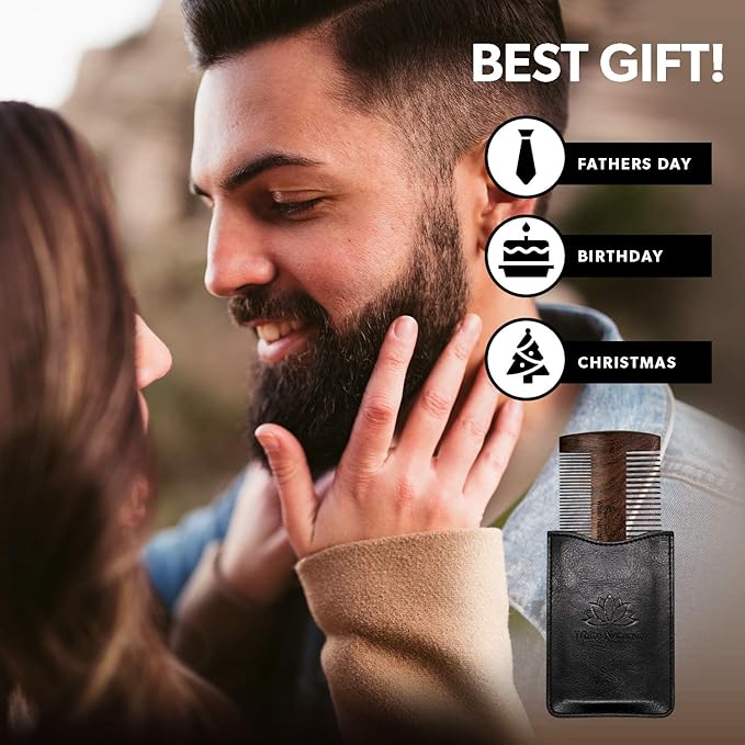 White Naturals Beard Comb for Men, Wooden Natural Sandalwood, Fine Dual Action Teeth, Handmade Premium Sandal Wood, Perfect for Balms and Oils, Includes PU Leather Case, Pocket Size