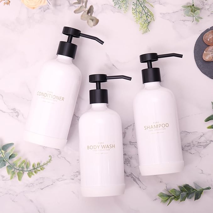 Janxin Shampoo and Conditioner Dispenser Set of 3,Refillable 21oz Shampoo Bottles with Non-Slip Protective Silicone Pad,Shower Soap Dispenser with Waterproof Labels for Bathroom (White)