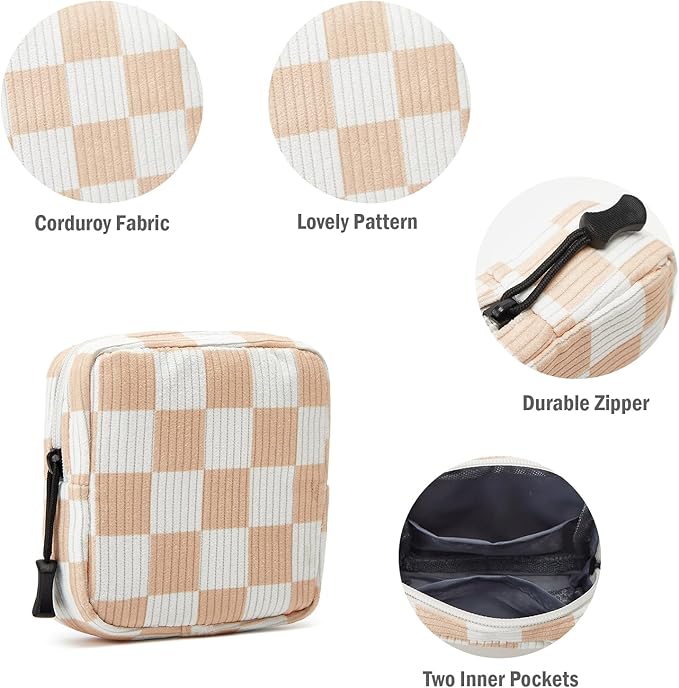 ZOEMTIU Small Makeup Bag for Purse,Mini Cosmetics Bag cute Zipper corduroy Cosmetic Pouch Storage Pouch Travel Toiletry Organizer for Women Girls(Checkered Orange)