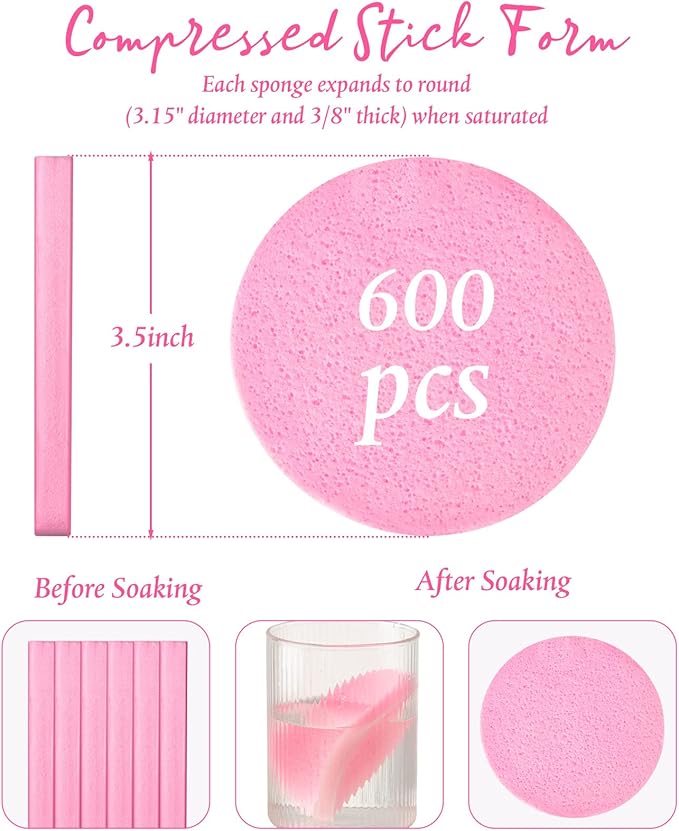 Foaincore 600 Pieces Compressed Facial Sponge Round Facial Sponge for Estheticians Face Sponges for Cleansing Makeup Removal Wash Pads Disposable Sponges for Women Spa Exfoliating Cleansing(Pink)