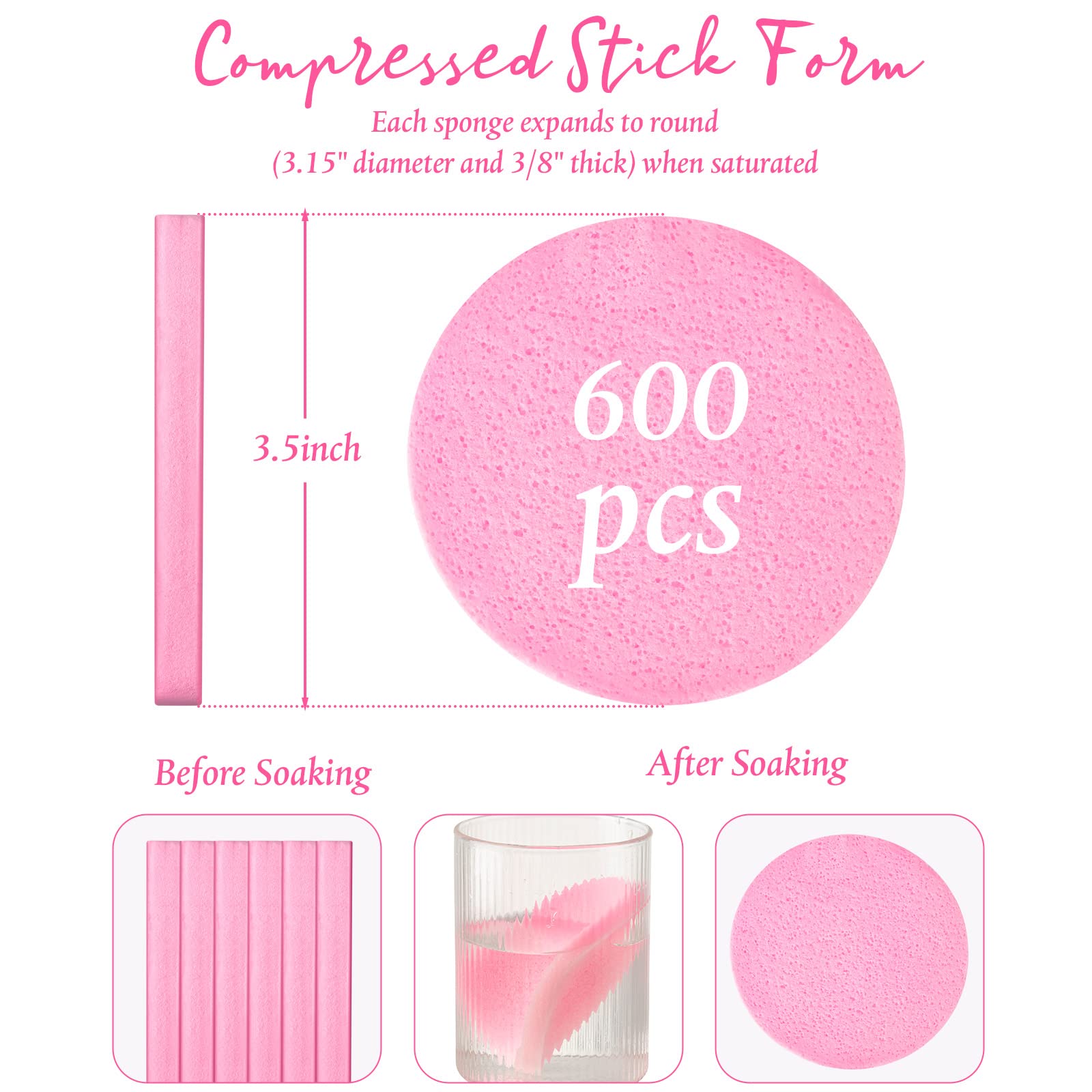 Foaincore 600 Pcs Compressed Facial Sponge Round Facial Sponge for Estheticians Face Sponges for Cleansing Makeup Removal Wash Pads Disposable Sponges for Women Spa Exfoliating (Pink)