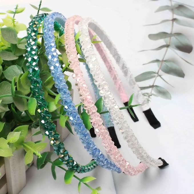 Cuizhiyu 4 PK Crystal Rhinestone Headbands for Women Girls Double Rows Sparkly Beaded Hair Hoops Pink Weave Narrow Hair Bands Hair Accessories (Color B)