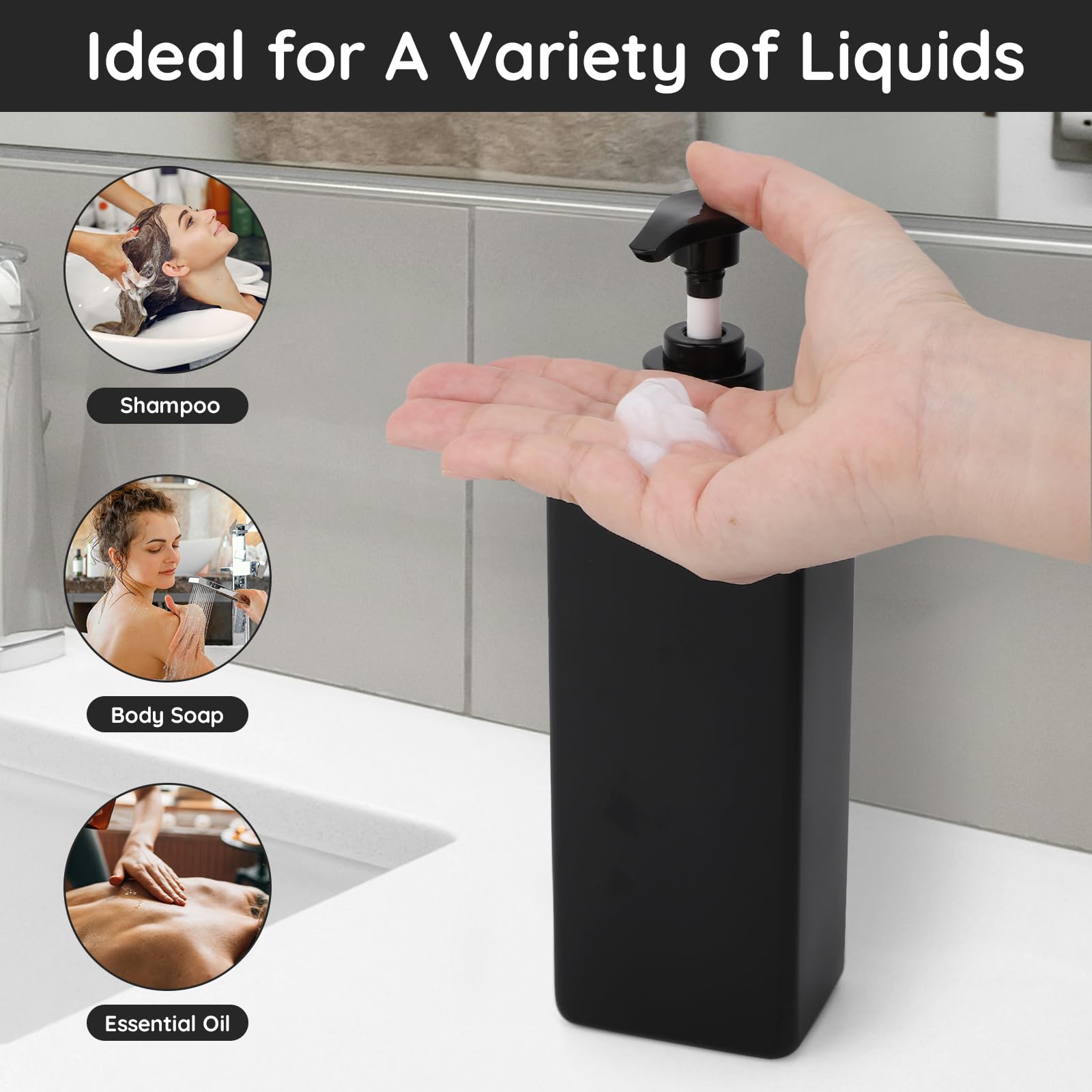 Segbeauty Matte Black Soap Dispenser, 3 Pack 16.9oz Refillable Shampoo and Conditioner Bottles with Labels, 500ml Empty Plastic Square Shower Dispenser Bathroom Soap Dispenser Set for Body Soap