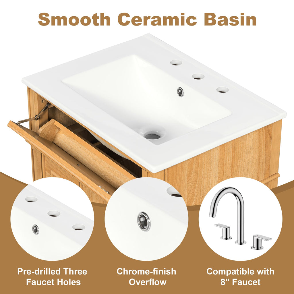 Harper & Bright Designs 24" Bathroom Vanity with Sink, Free Standing Single Basin Vanity Set with Tip-Out Drawer, 2 Drawers, and 2 Doors, Wood Bathroom Cabinet with Ceramic Basin for Bathroom, Wood