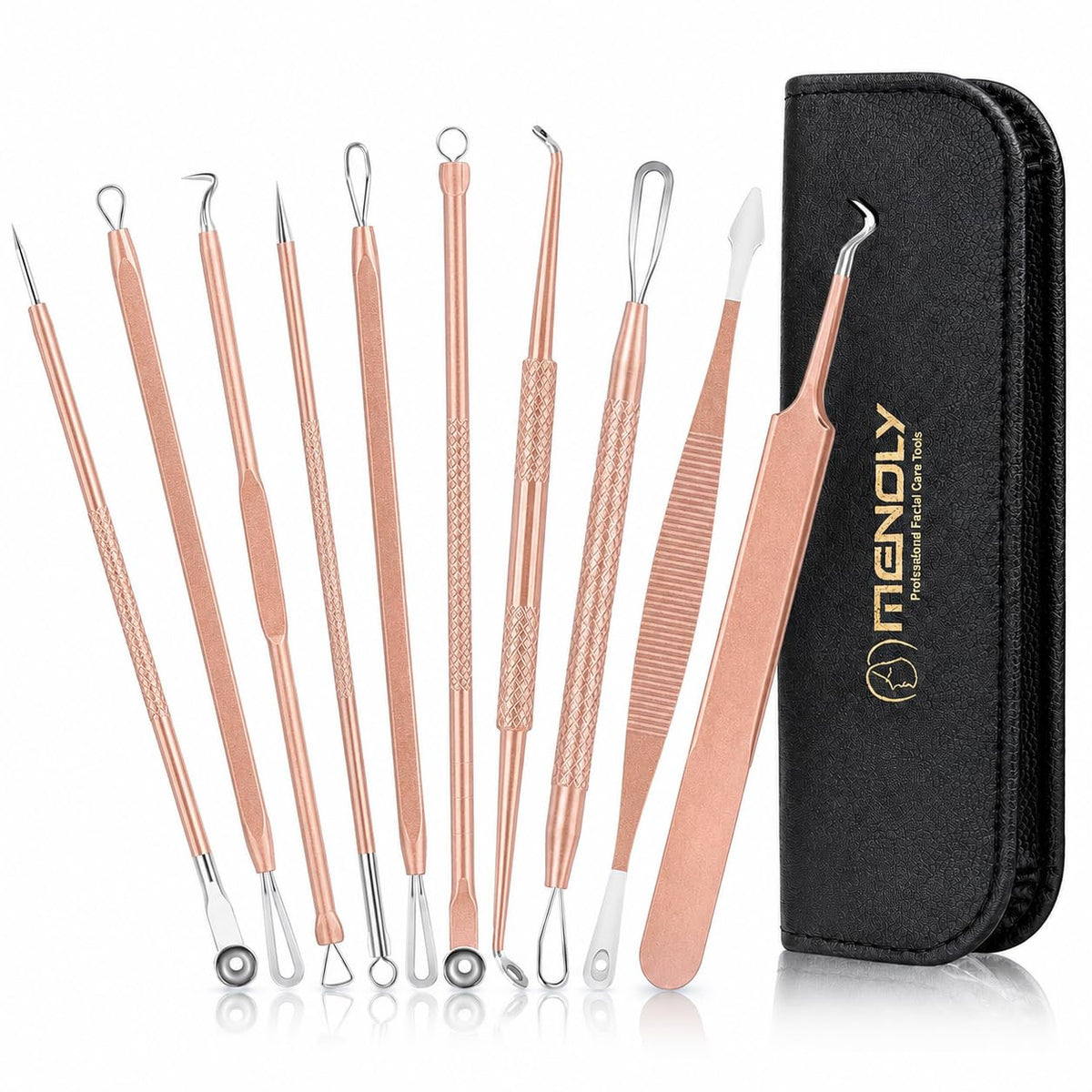 Pimple Popper Tool Kit, MENOLY 10 Pcs Blackhead Remover Comedone Extractor Acne Removal Kit for Blemish, Whitehead Popping,Zit Removing for Nose Face Tools with a Leather Bag (Rose Gold)