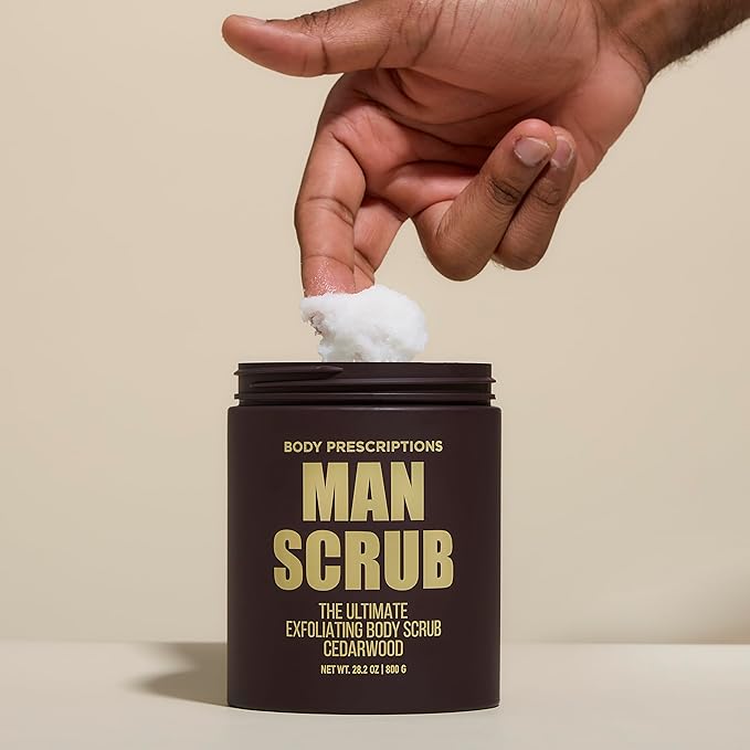 Body Prescriptions Men’s Exfoliating Body Scrub – Ultimate Skin Cleansing Wash in Jar with Twist-Top Lid, For All Skin Types, 21 Ounce (Pack of 4), Cedarwood