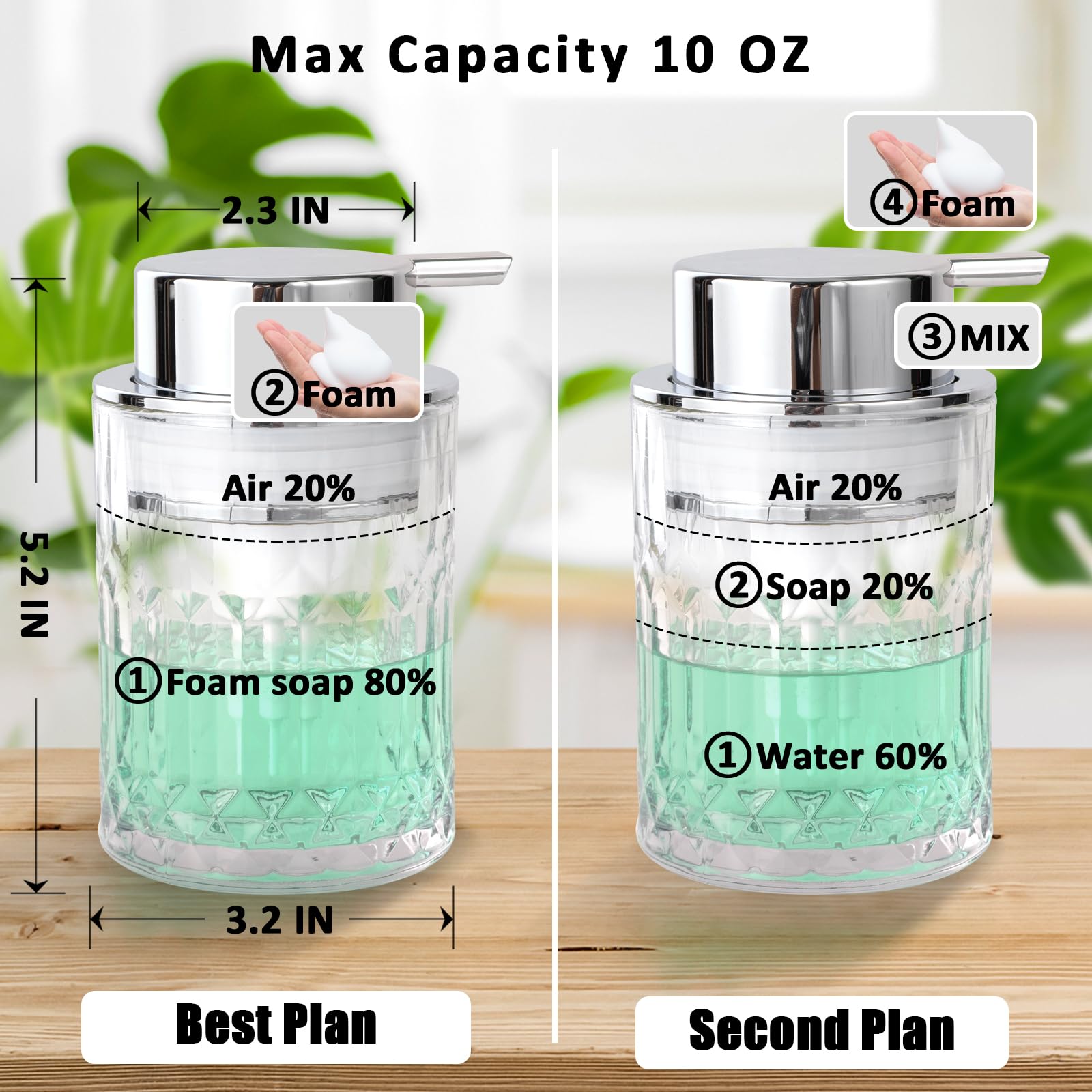 Bathroom Glass Soap Dispenser with Durable Rust-Proof Plastic Foam Pump Hand Lotion Dispenser Antislip Shampoo Kitchen 10oz 2 Pack