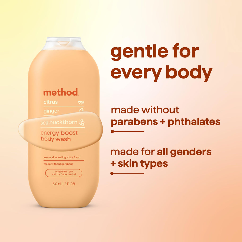 method Body Wash, Energy Boost - Leaves Skin Feeling Soft & Moisturized, Made Without Parabens, Notes of Citrus, Ginger & Sea Buckthorn, 18 fl oz - 6 pack