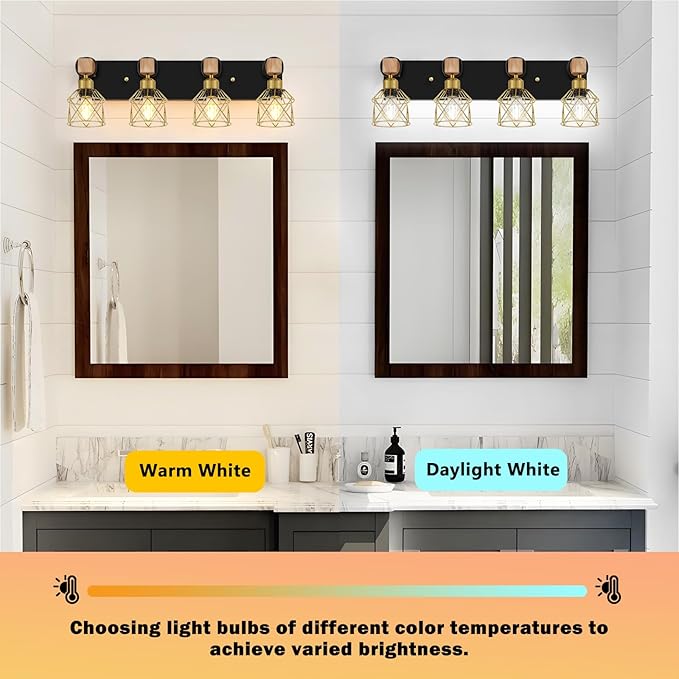FadimiKoo Farmhouse Bathroom Vanity Light Fixtures, 4-Light Wood Bathroom Lighting Over Mirror, Rustic Black Gold Sconces Wall Lighting with Metal Lampshade for Living Room, Bedroom, Hallway