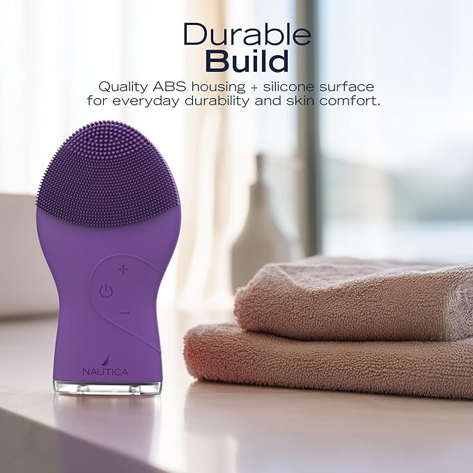 Nautica PC120 Facial Cleansing Brush Made with Ultra-Hygienic Soft Silicone, Waterproof, Rechargeable Vibrating Face Exfoliator Scrub Brush with Sonic Technology for Men & Women - Hy Purple