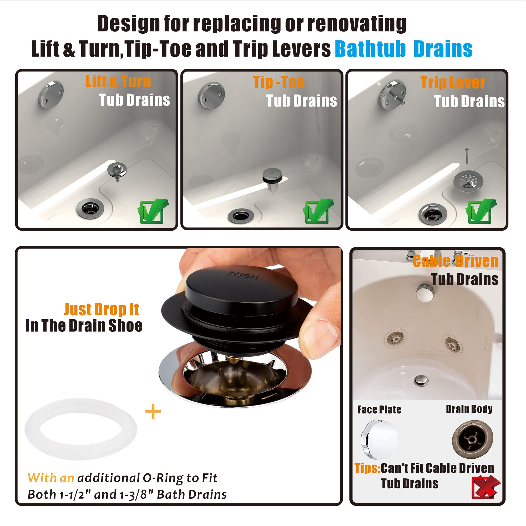 Artiwell Universal Tip Toe Bath Drain Stopper and Cover, Bathtub Drain Stopper, Replaces Lift and Turn, Tip-Toe and Trip Lever drains for Tub, EZ Installation and Clearing (MATT Black)