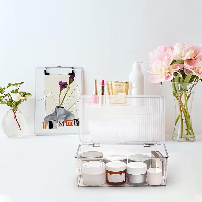 ZENFUN Set of 3 Small Stackable Storage Bins with Hinged Lid, Acrylic Organizer Box, Clear Makeup Organizer Box, Cosmetic Case for Home, Office