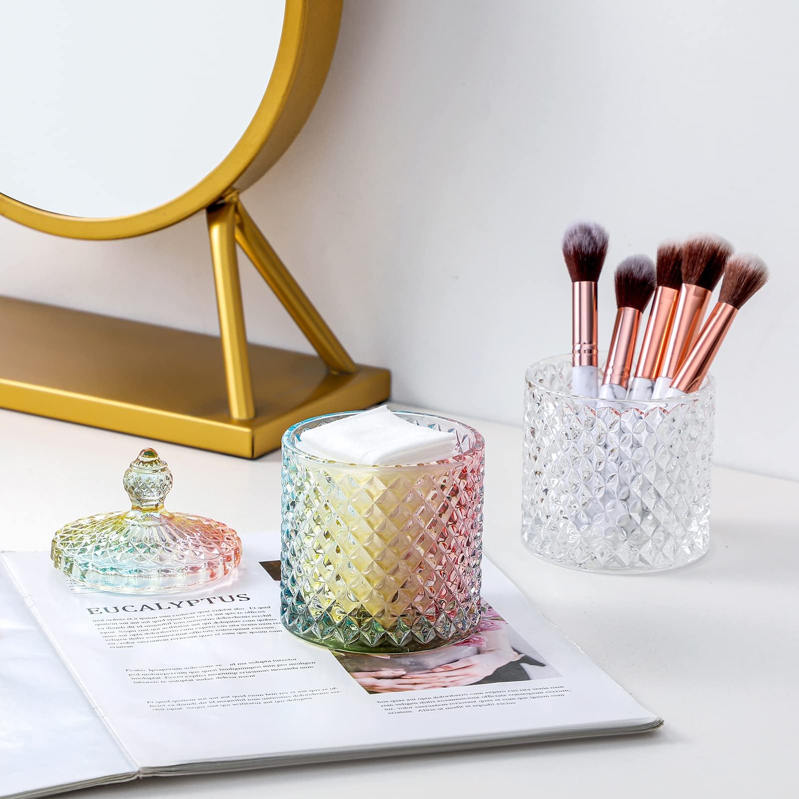 rejomiik 2 Pack Qtip Holder Apothecary Jars with Lid, Thick Glass, Rainbow