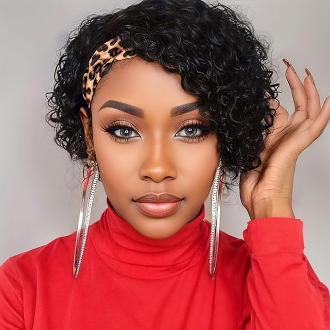 Headband Wig Human Hair Wigs for Black Women Short Curly Human Hair Put on and Go Glueless Wig Natural Black Curly Headband Wigs 8inch
