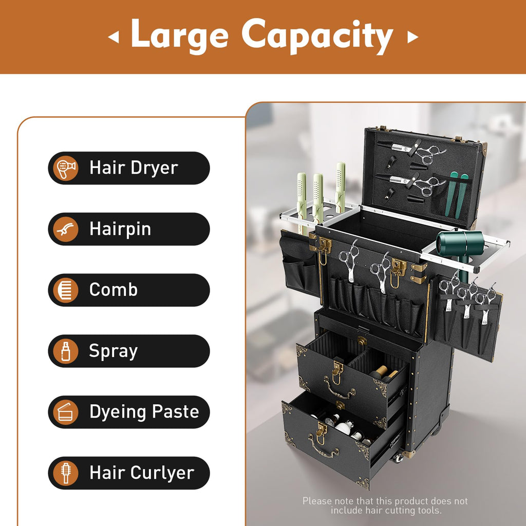 Rolling Lockable Makeup Train Case, Hairdressing Trolley Travel Organizer Tool Box Stylist Beauty Salon Cosmetic Luggage with Hair Dryer Holder for Barber Stores Hairdressing Colleges Homes