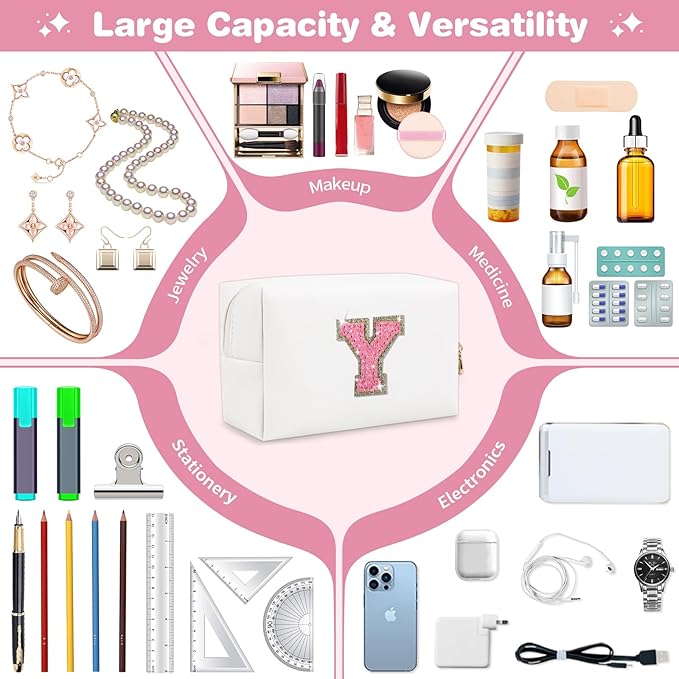 Small Initial Patch Makeup Bag Personalized Gifts Make Up Bag,White Cute PU Leather Glitter Letter Cosmetic Bag with Zipper,Trendy Portable Travel Toiletry Pouch,Preppy Stuff for Teen Girls Women Y